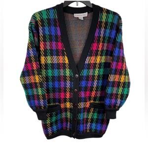 Vintage 100% Lambswool Plaid Cardigan Sweater Small Black Multicolor V-Neck